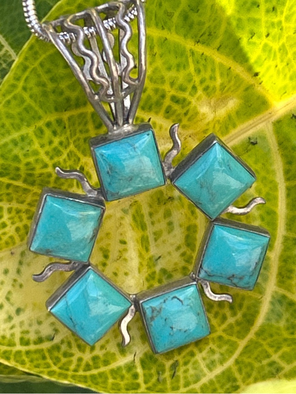 Vintage sterling silver jay king Turquoise Square Halo Pendant Necklace 19.50” - Picture 3 of 11